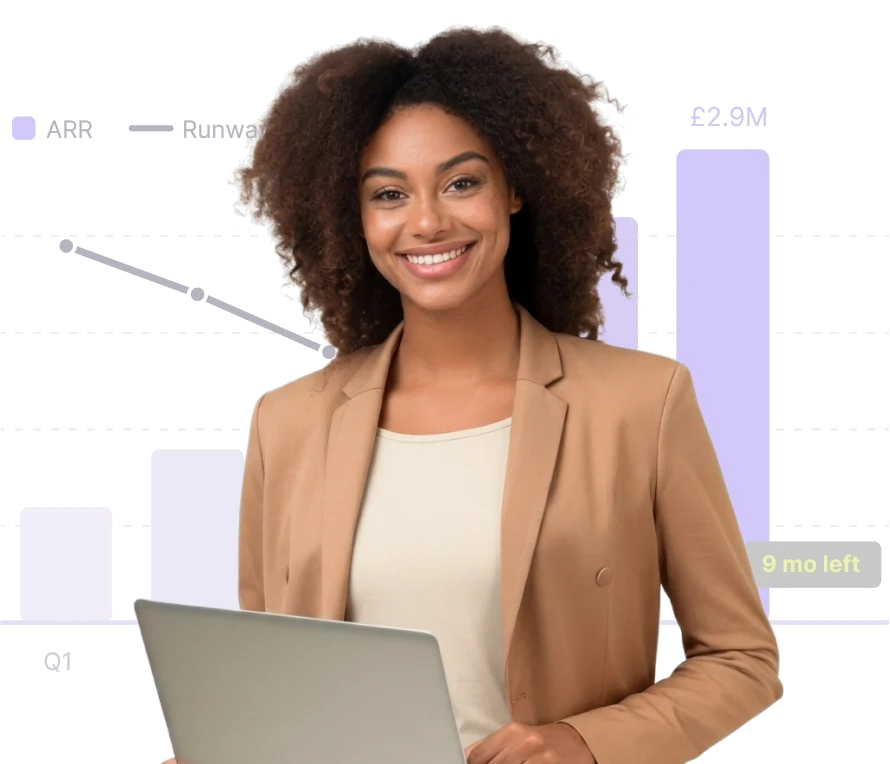 Finance lead beside an ARR and runway chart showing nine months left