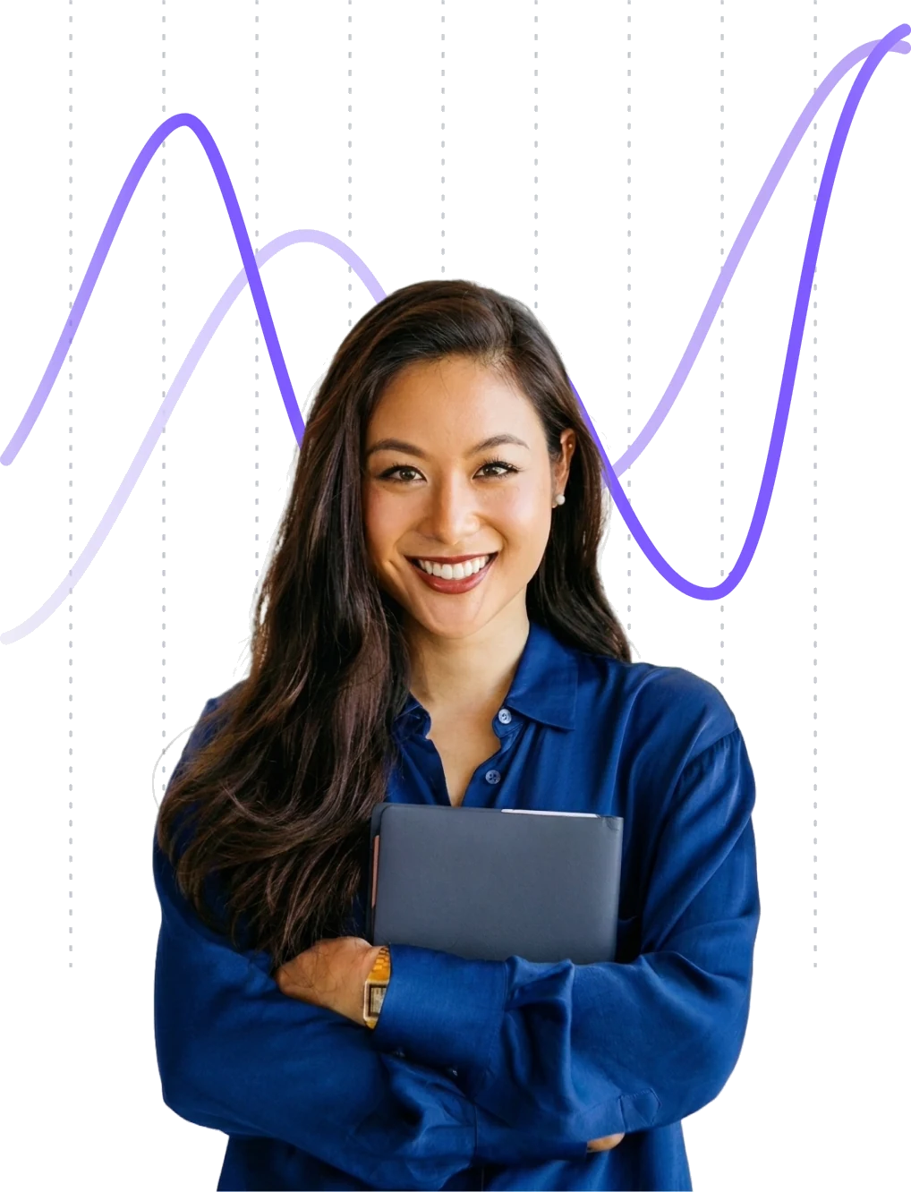 Finance lead holding a tablet in front of a rising revenue curve